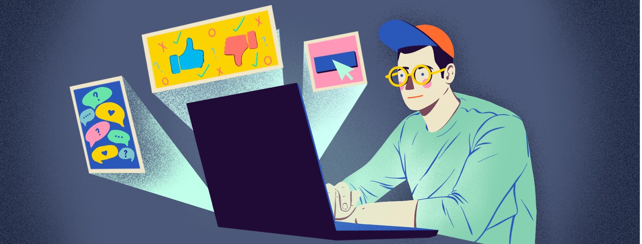 Illustration of a young man using a laptop, surrounded by floating digital windows showing icons for social support, likes/dislikes, and search results, representing the process of researching information and finding community when newly diagnosed.
